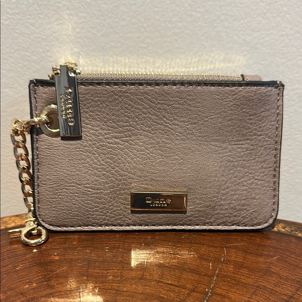 Dune London Taupe Mini Credit Card Wallet with Gold Accents Snakeskin Back EUC